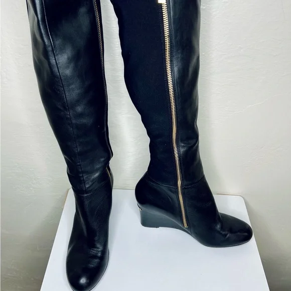 Michael Kors Genuine Leather & Stretch Black Knee Tall Wedge Zip Boots Sz 7.5 - Picture 6 of 12